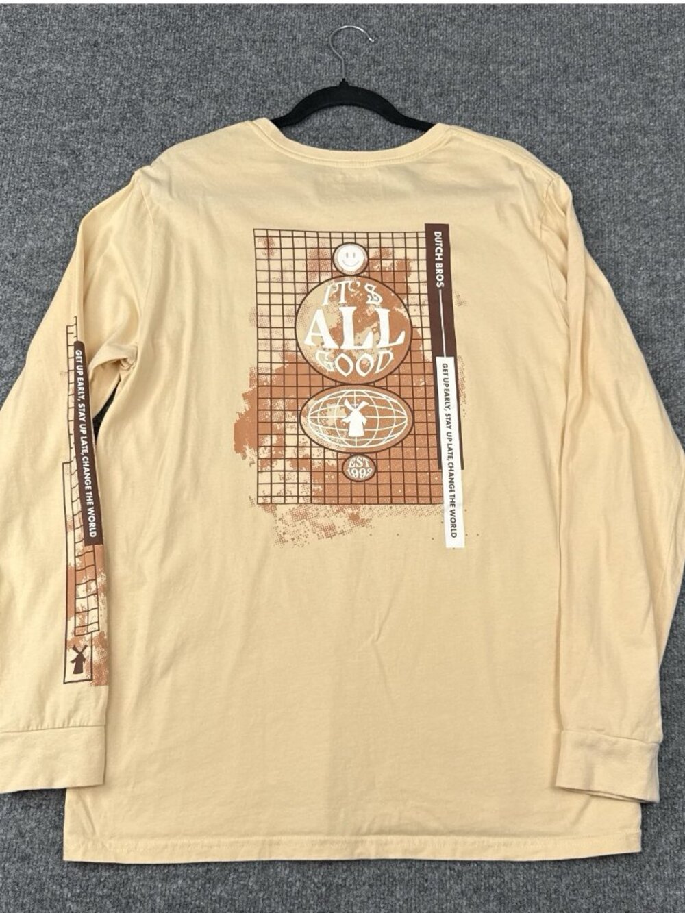Dutch Bros Coffee Long Sleeve Shirt XL Cream Windmill Graphic Cotton